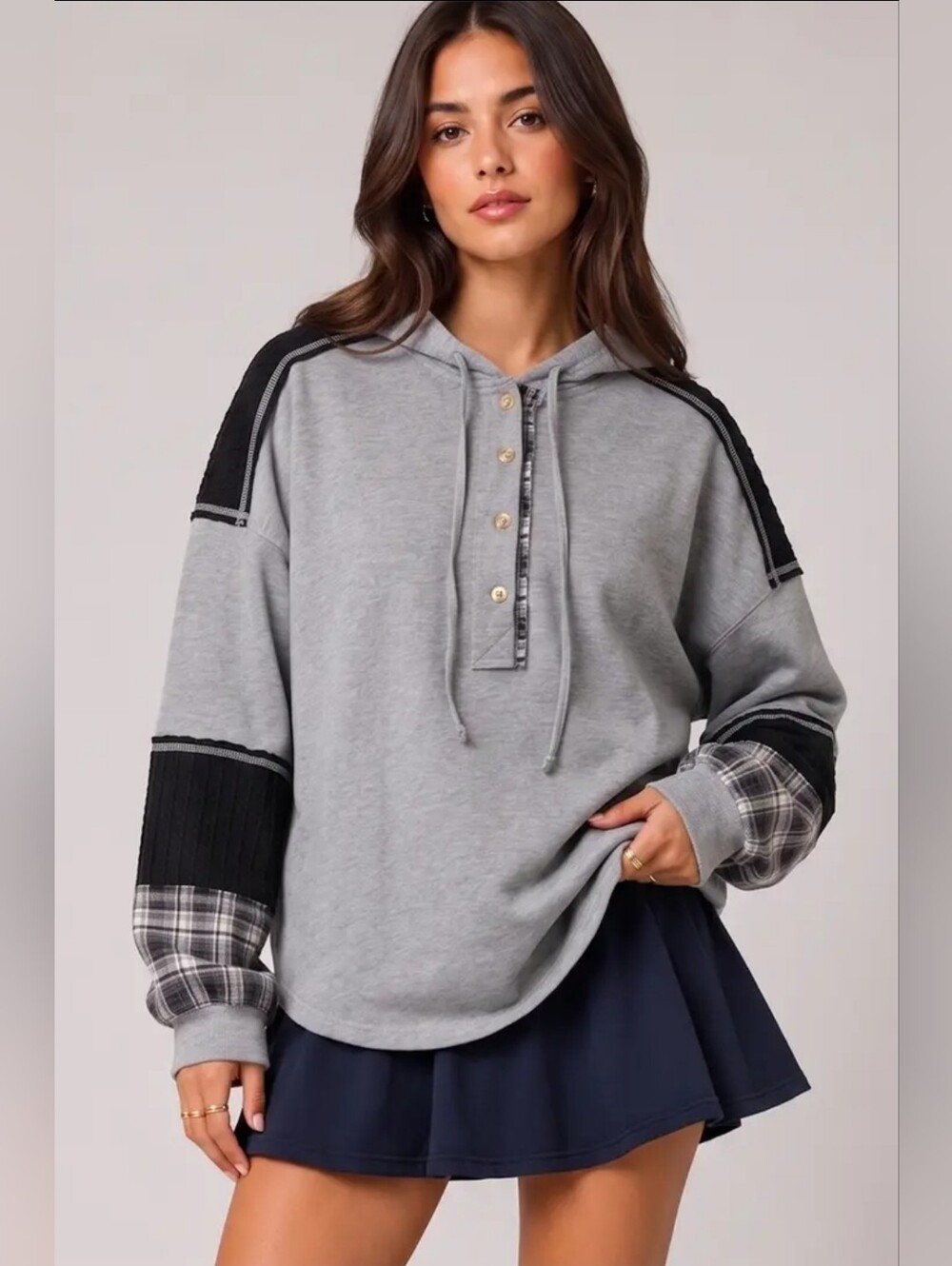 Very J Grey Hooded Henley Pullover with Black Accents
